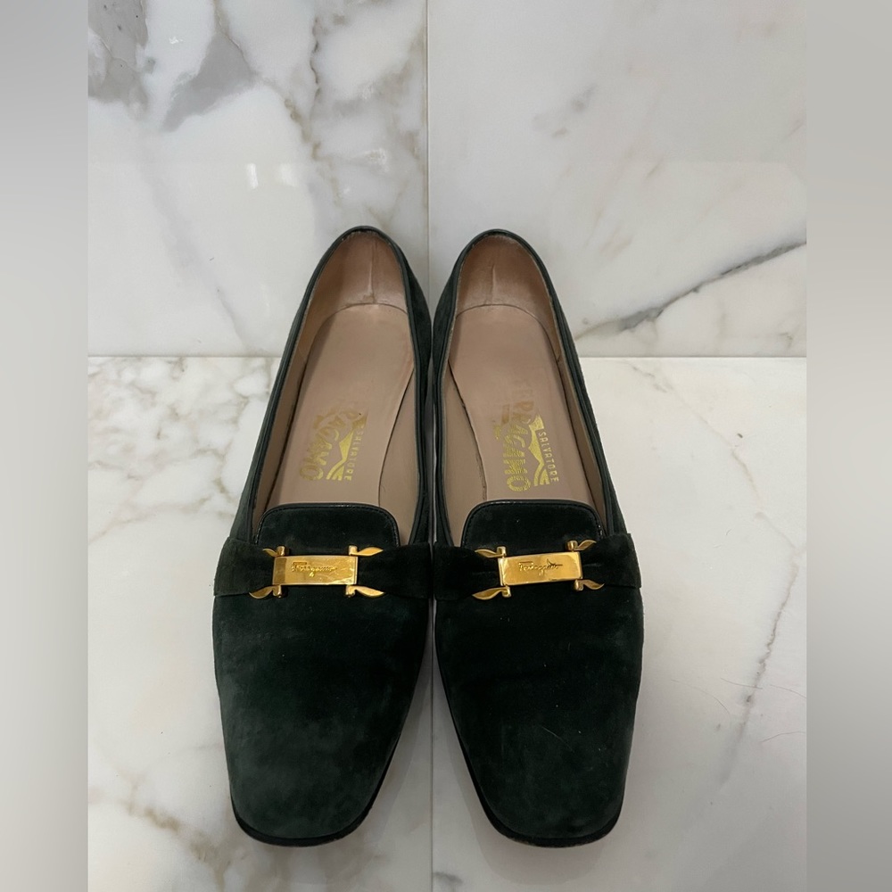 Salvatore Ferragamo Green Suede Calf Loafers
